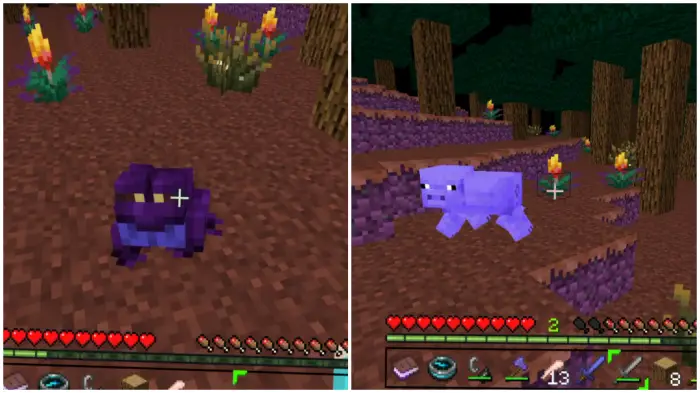Left Purple creature on red terrain Right Blue boar in a dark forest