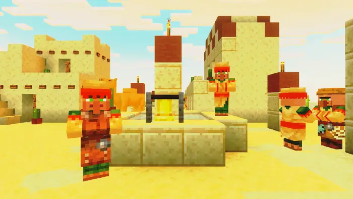 Desert villagers gather in sandy village.