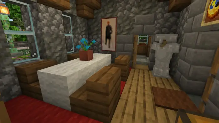 Cozy stone cottage interior with table and armor