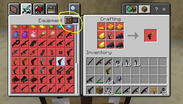 ALT text Weapon mod crafting menu with guns displayed