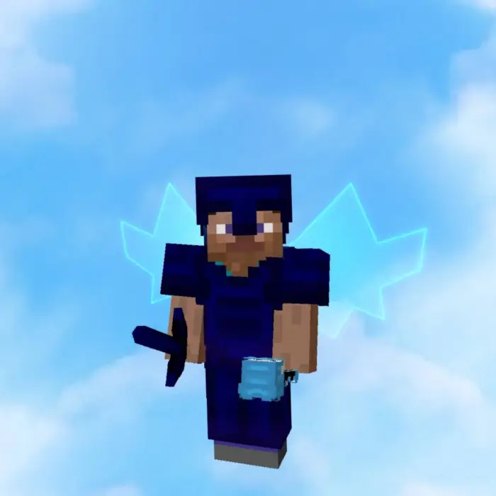 Blue-armored character with glowing wings