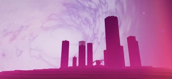 Purple cityscape with vibrant sky effects