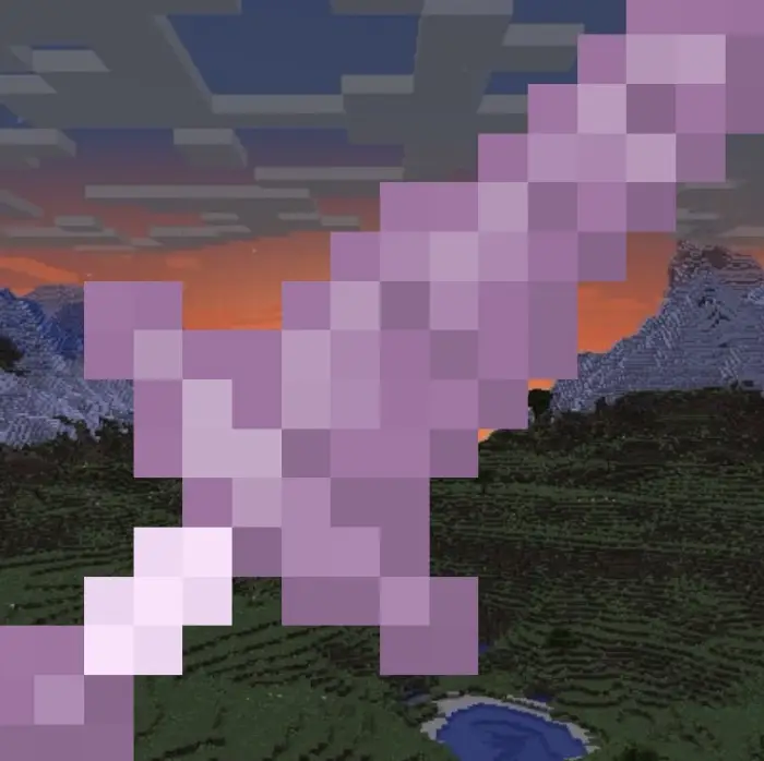 Pixelated purple sword at sunset