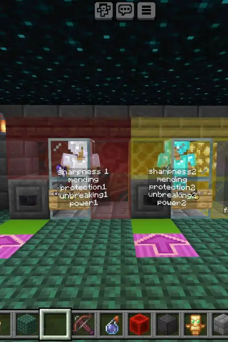 Armored mannequins behind glass display stats