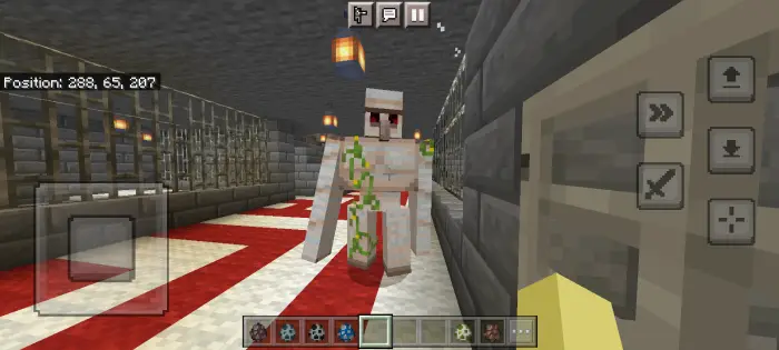 Iron golem with animated eyes in hallway