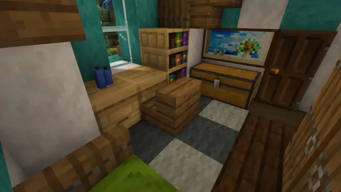 Cozy cottage interior with chest and desk