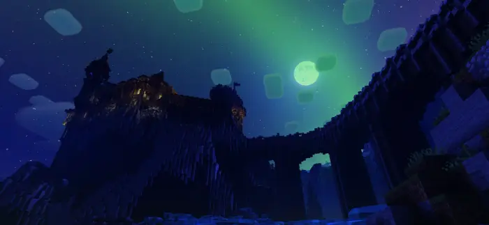Castle under vibrant night sky with aurora