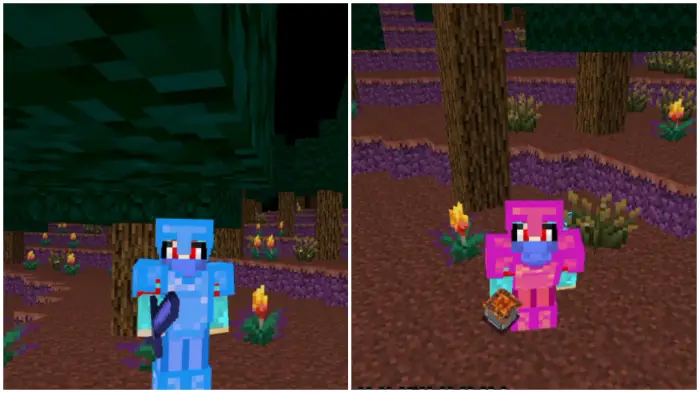 Blue and pink armored characters in forest