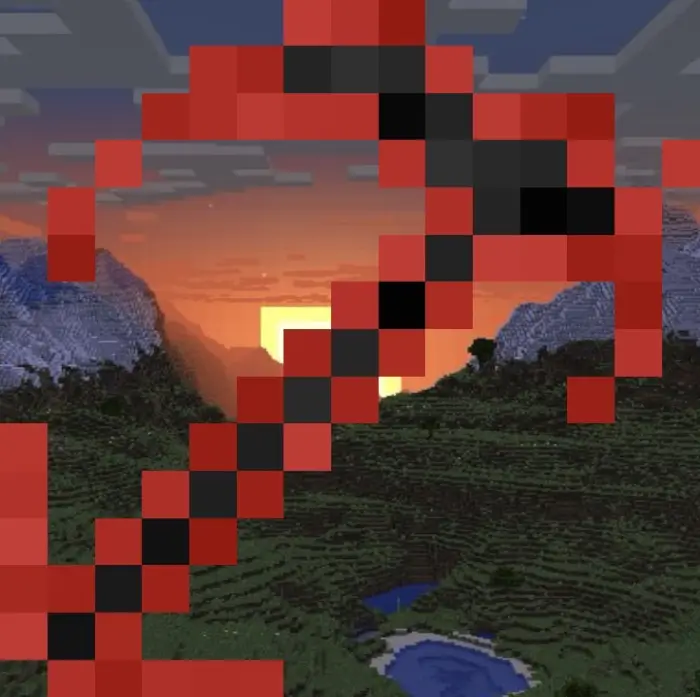 Pixelated red scythe weapon at sunset