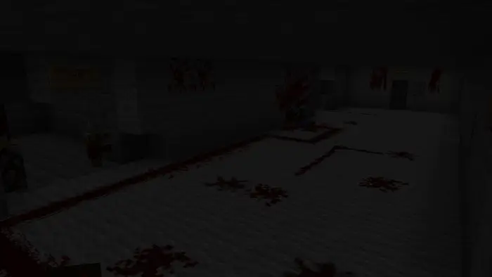 Dim hallway with blood stains and dark corners