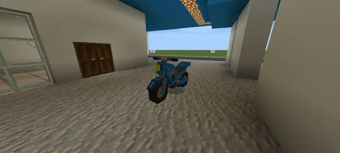 Blue storm chase motorbike in a garage