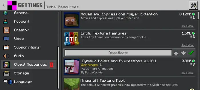 Settings menu showing active resource packs