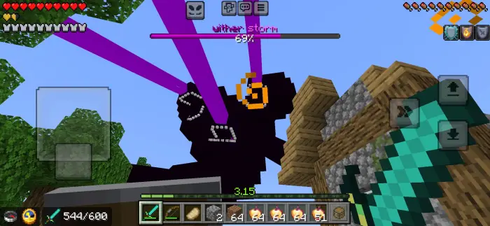 Player fights Wither Storm boss with beams.