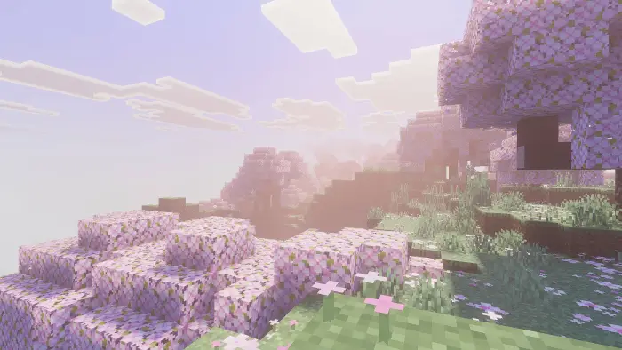 Sunlit pixelated landscape with pink trees