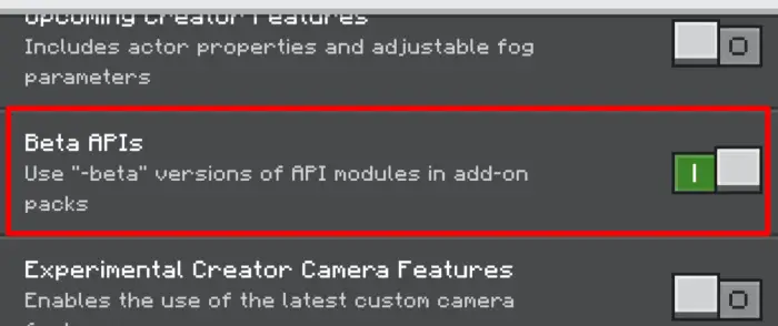 Beta APIs feature toggle enabled in settings