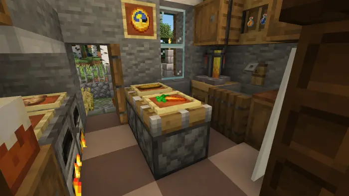 Cozy cottage kitchen with storage and food.