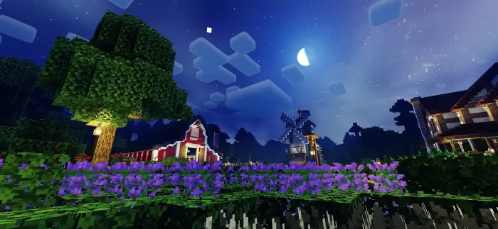 Vibrant night farm scene with bright lighting