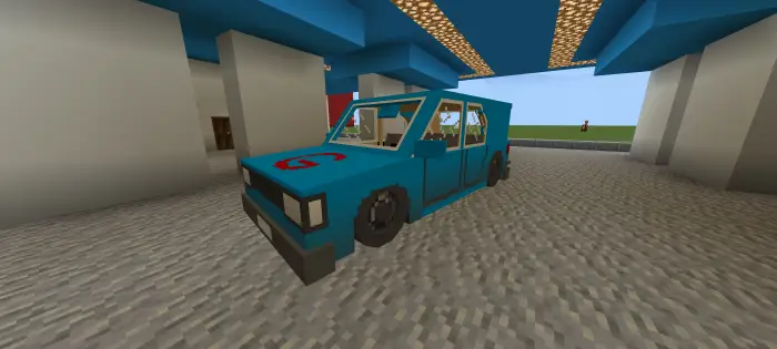 Blocky blue storm chase car in a garage