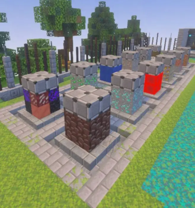 Colorful resource generators in a garden.