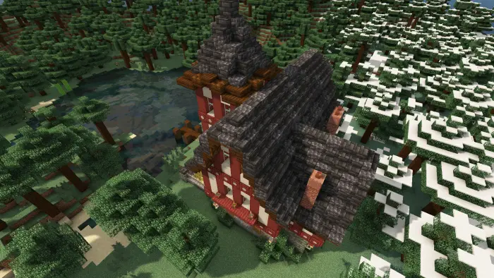 Half-timbered cottage by a forest pond