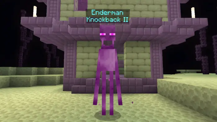 Purple mob with enchanted effect stands outside.