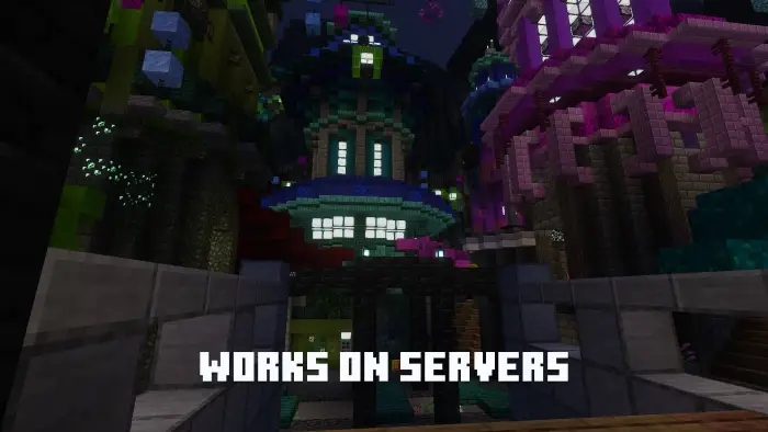 Colorful fantasy buildings at night, text overlay