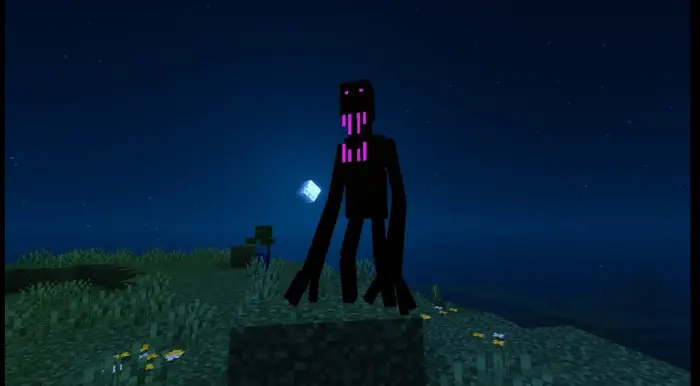 Tall dark mob with glowing purple face at night