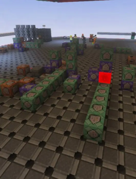 Rows of command blocks on a grid platform.