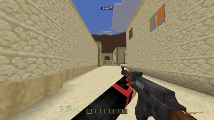 First-person view holding a rifle in a desert map.
