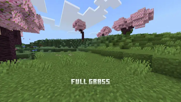 Lush grassy landscape with pink trees.