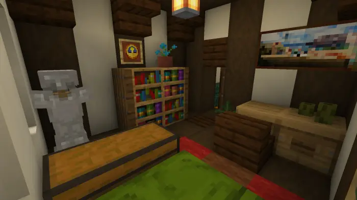 Cozy medieval room with armor and bookshelves