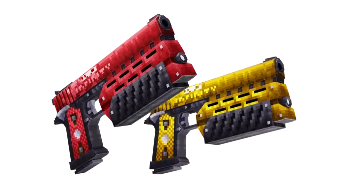 Pixel-style red and yellow animated pistols