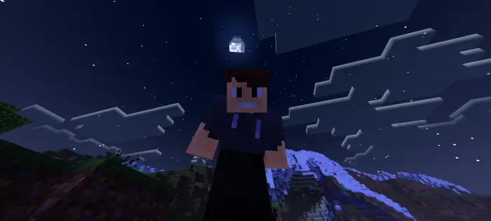 Blocky character under moonlit sky and clouds