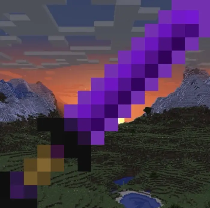 Pixelated purple sword with mountain sunset.