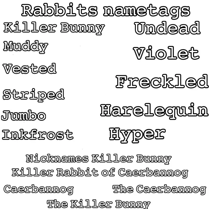 Rabbits name tag variants list in bold text