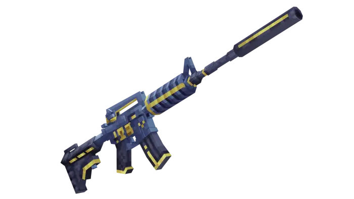 Pixelated blue and yellow 3D rifle model