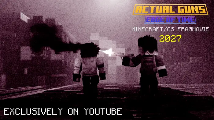 Two blocky characters fire animated guns at night.