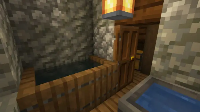 Wooden bathtub in a medieval stone room