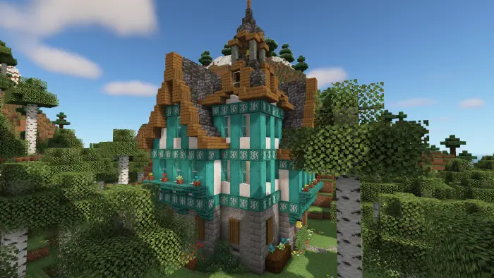 Half-timbered cottage in a lush forest.