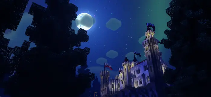 Castle under a glowing moonlit sky
