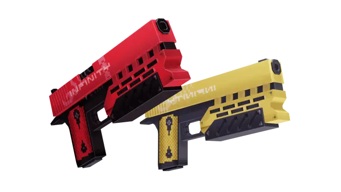 Two blocky, stylized pistols in red and yellow