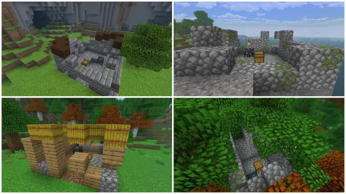 1. Stone ruin with loot chest 2. Mossy ruin with chest and spawner 3. Wooden hut ruin in forest 4. Overgrown jungle ruin with
