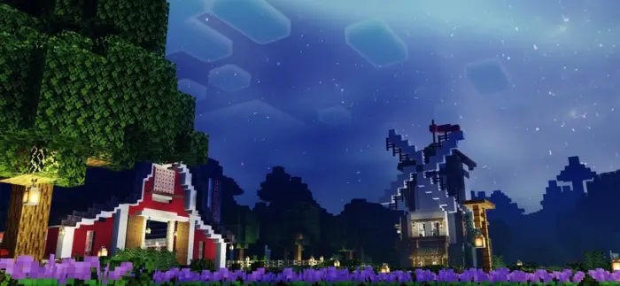 Farmhouse and windmill under starry sky