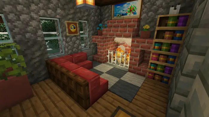 Cozy cottage living room with fireplace.