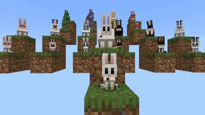 Multiple colorful rabbits on floating grass blocks