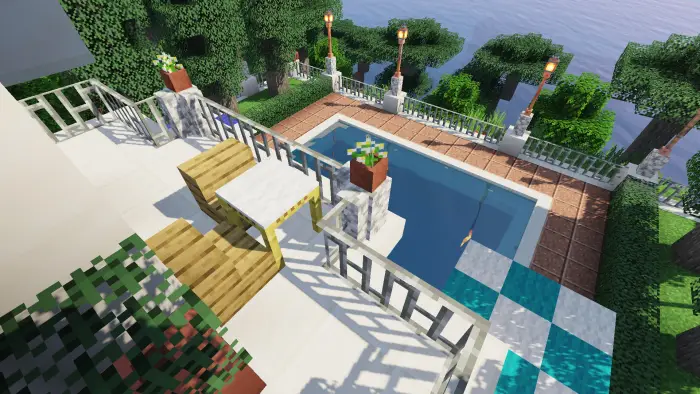 Elegant villa terrace with pool and garden