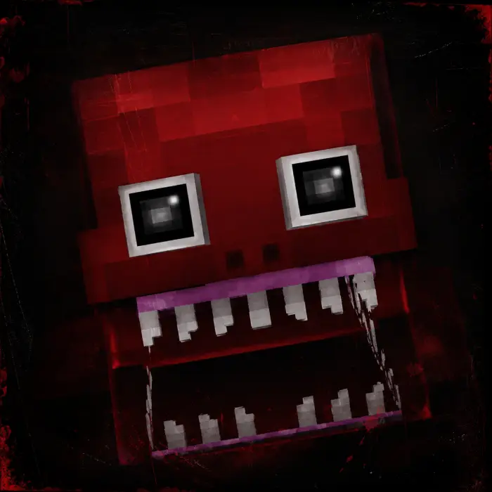 Pixelated red monster with sharp teeth.