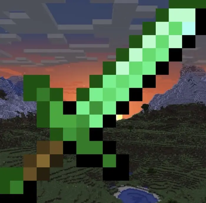 Pixelated emerald sword at sunset