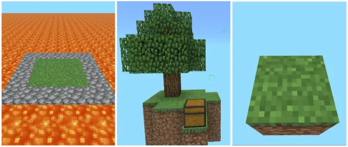 1. Grass island surrounded by lava 2. Floating island with tree and chest 3. Single floating grass block