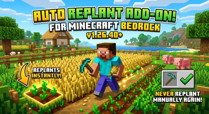 Steve harvesting crops with instant replanting.